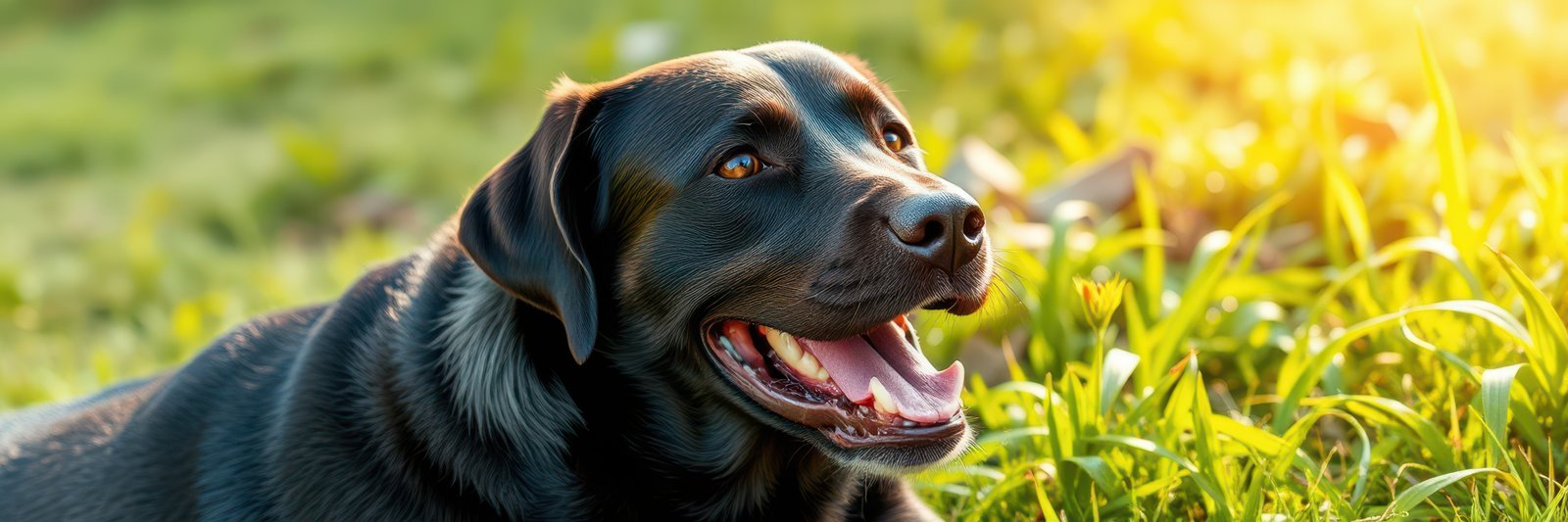 A black Labrador, mouth open in a joyful expression, lies in tall green grass